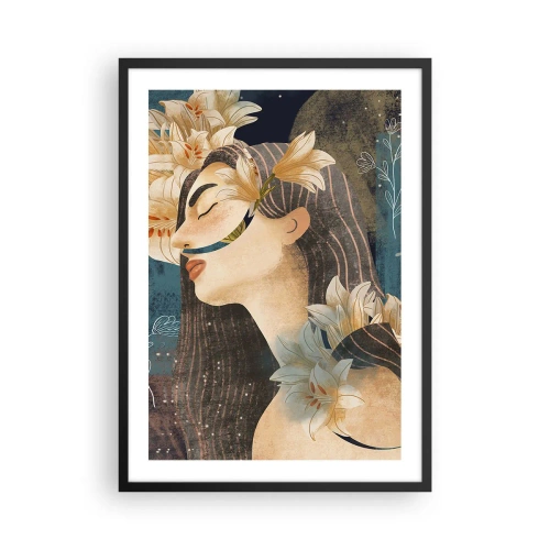 Pôster com moldura preta - Perfil de uma mulher cercada por lírios sobre um fundo azul marinho - 50x70cm - O conto da princesa com lírios - Decoração de parede moderna para a sala de estar e quarto ARTTOR