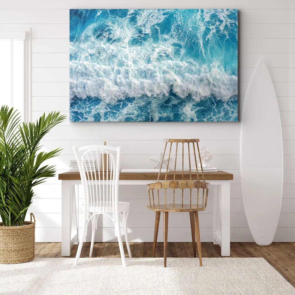 Quadro em tela - Ondas dinâmicas do oceano em tons de azul - 70x50cm - Alegremente e aos saltos - Decoração de parede moderna para a sala de estar e quarto ARTTOR