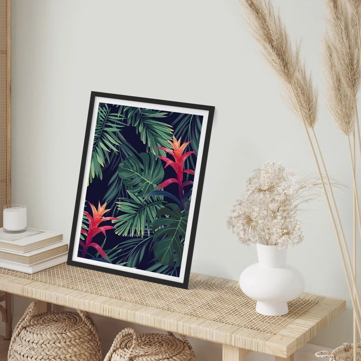 Pôster com moldura preta - Folhas e flores tropicais em um fundo escuro - 50x70cm - Queimar em verde - Decoração de parede moderna para a sala de estar e quarto ARTTOR