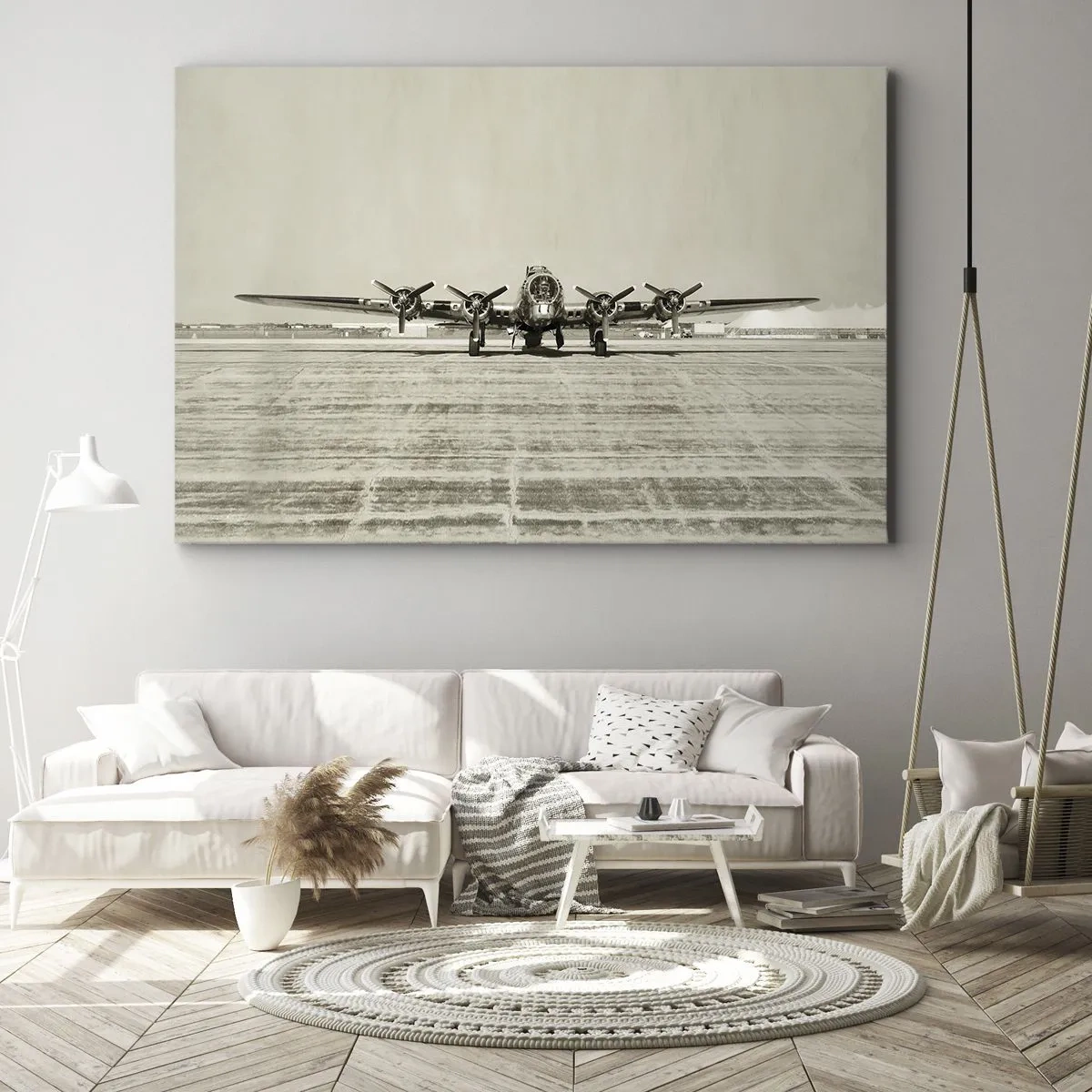 Quadro em tela - Avião histórico no aeroporto em sépia - 70x50cm - Pronto como sempre  - Decoração de parede moderna para a sala de estar e quarto ARTTOR