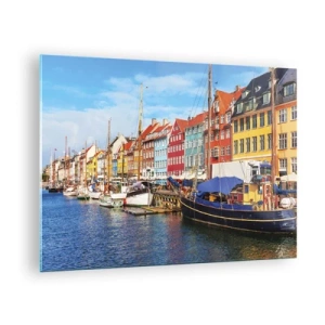 Quadro em vidro - Casas coloridas nos canais de Copenhague - 70x50cm - Orla alegre  - Decoração de parede moderna para a sala de estar e quarto ARTTOR