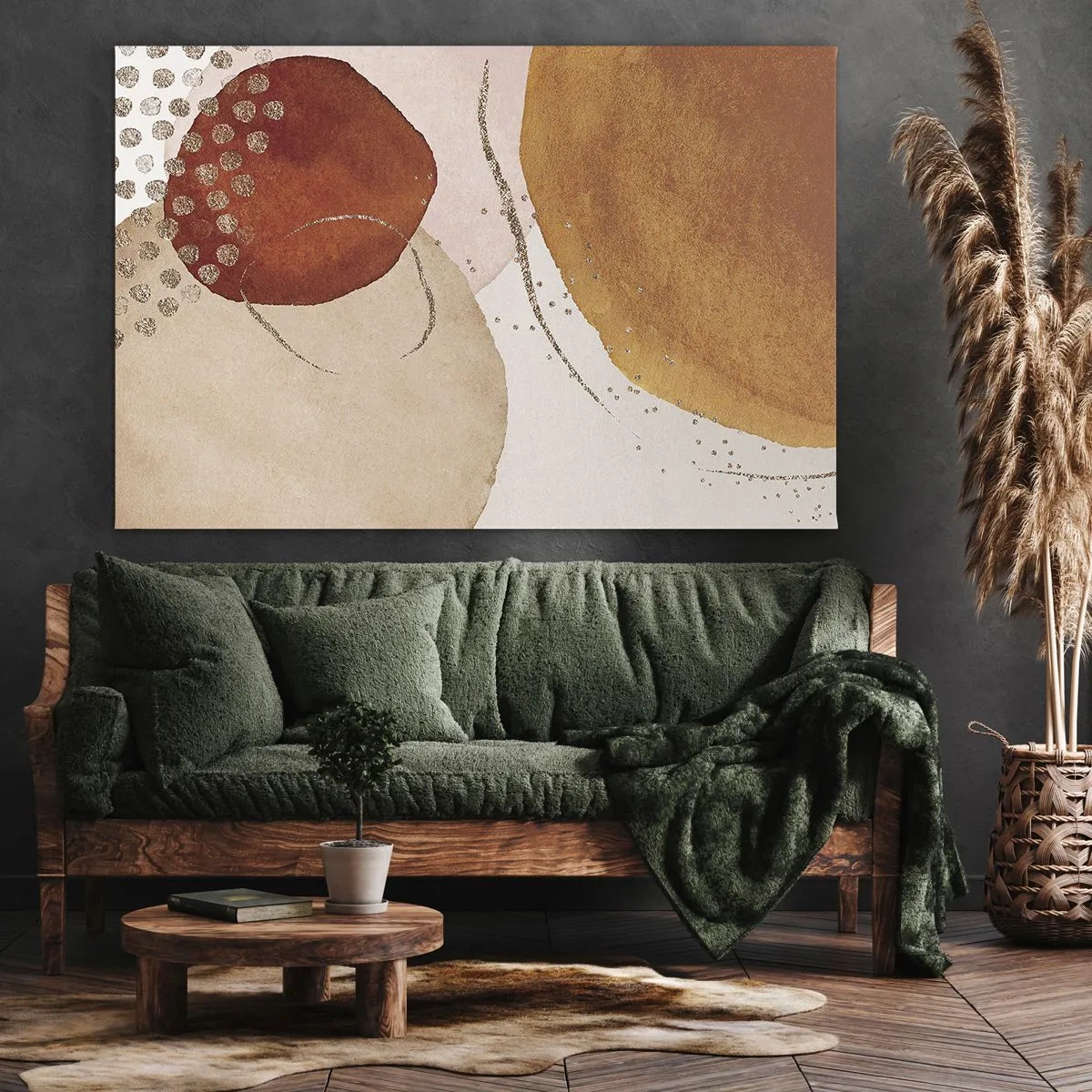 Quadro em tela - Formas abstratas em tons quentes de marrom e dourado - 70x50cm - Redondeza e movimento - Decoração de parede moderna para a sala de estar e quarto ARTTOR