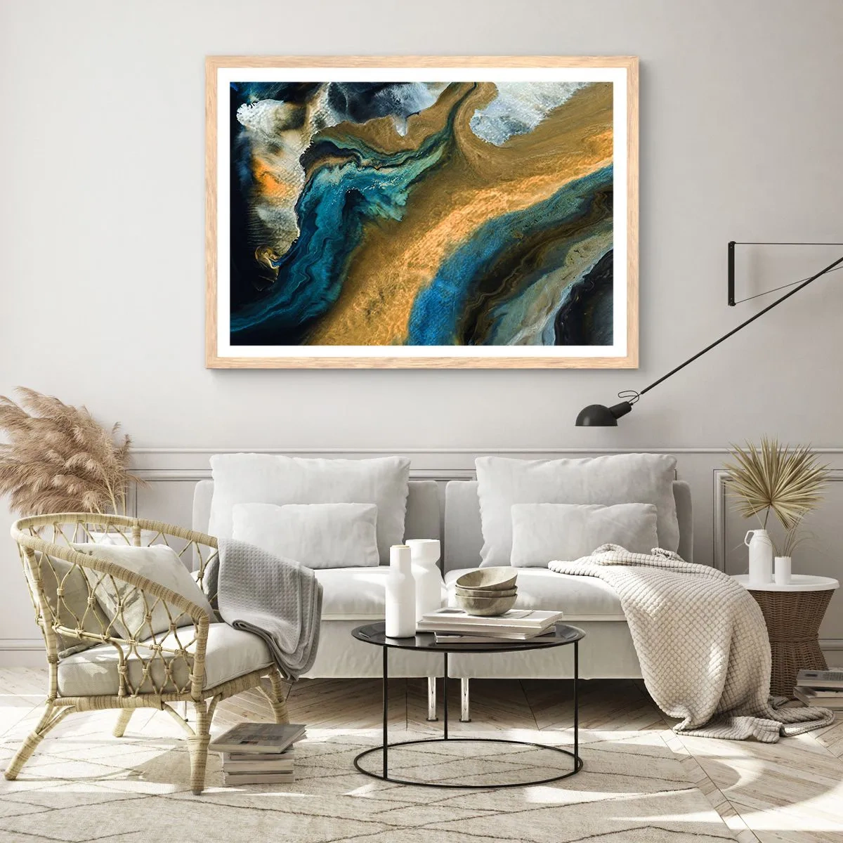 Pôster com moldura de carvalho claro - Azul – amarelo – influências mútuas - 70x50 cm