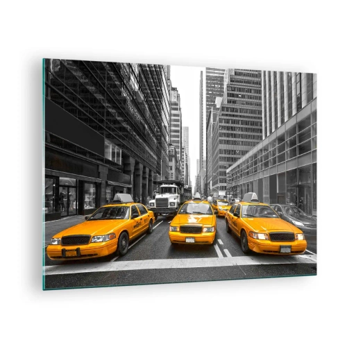 Quadro em vidro - Táxis amarelos nas ruas de Nova York - 70x50cm - Somos a cor da cidade - Decoração de parede moderna para a sala de estar e quarto ARTTOR