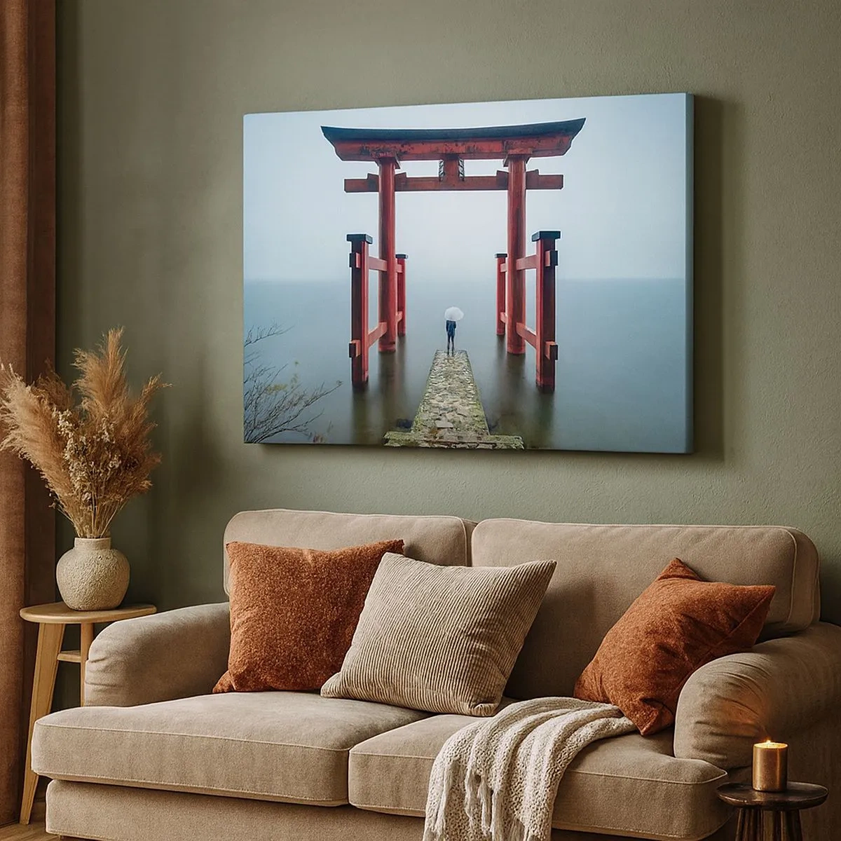 Quadro em tela - Um portão torii com vista para um lago tranquilo no Japão - 70x50cm - Devaneio japonês - Decoração de parede moderna para a sala de estar e quarto ARTTOR