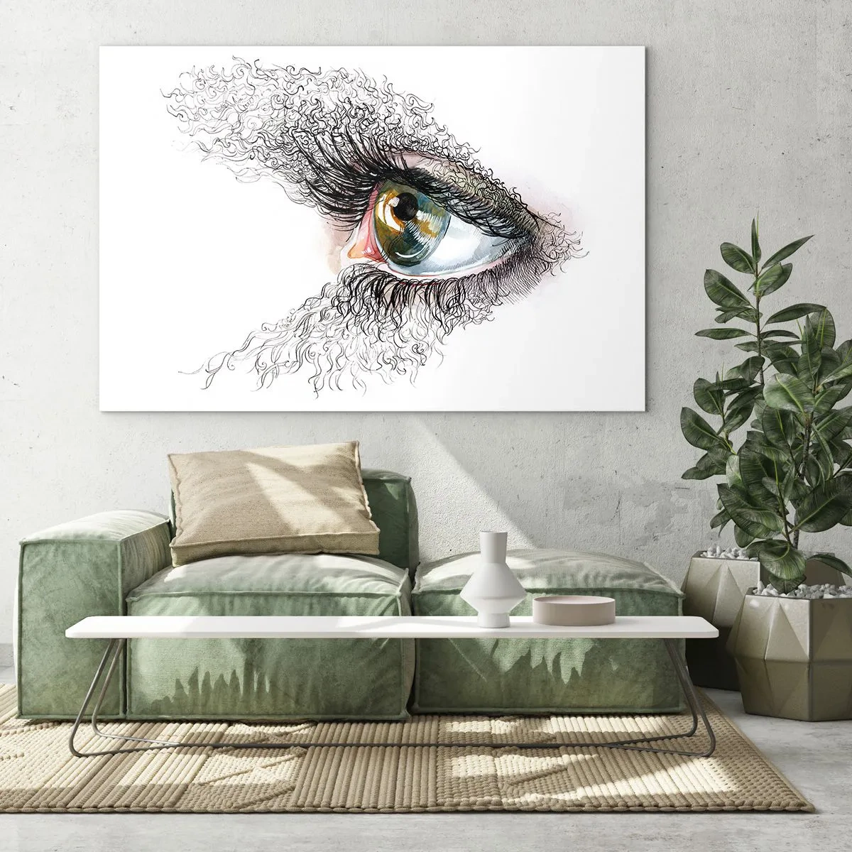 Quadro em vidro - Um olho dourado cercado por linhas dinâmicas e detalhes abstratos - 70x50cm - Olhe diretamente para a alma - Decoração de parede moderna para a sala de estar e quarto ARTTOR