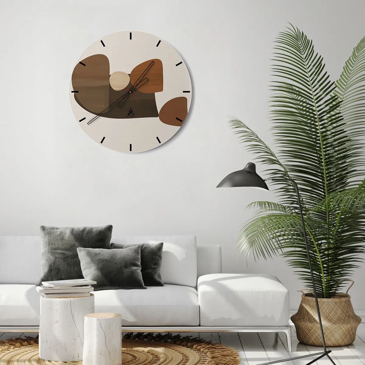 Relógio de parede - Relógio em vidro - Formas abstratas em tons de marrom sobre fundo bege - 30x30cm - Composição em bronze - Decoração de parede moderna para a sala de estar, cozinha e quarto ARTTOR