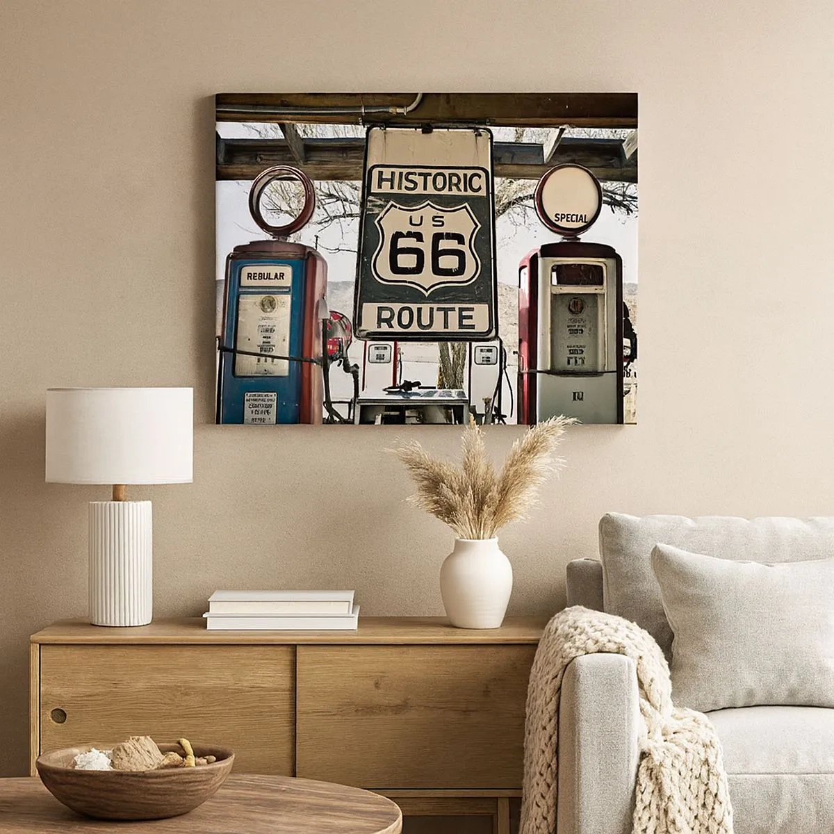 Quadro em tela - Posto de gasolina histórico da Rota 66 - 70x50cm - Viagens retro americanas - Decoração de parede moderna para a sala de estar e quarto ARTTOR