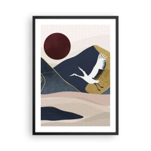 Pôster com moldura preta - Gráfico minimalista com um guindaste e uma paisagem de montanha - 50x70cm - E o dia acaba novamente - Decoração de parede moderna para a sala de estar e quarto ARTTOR