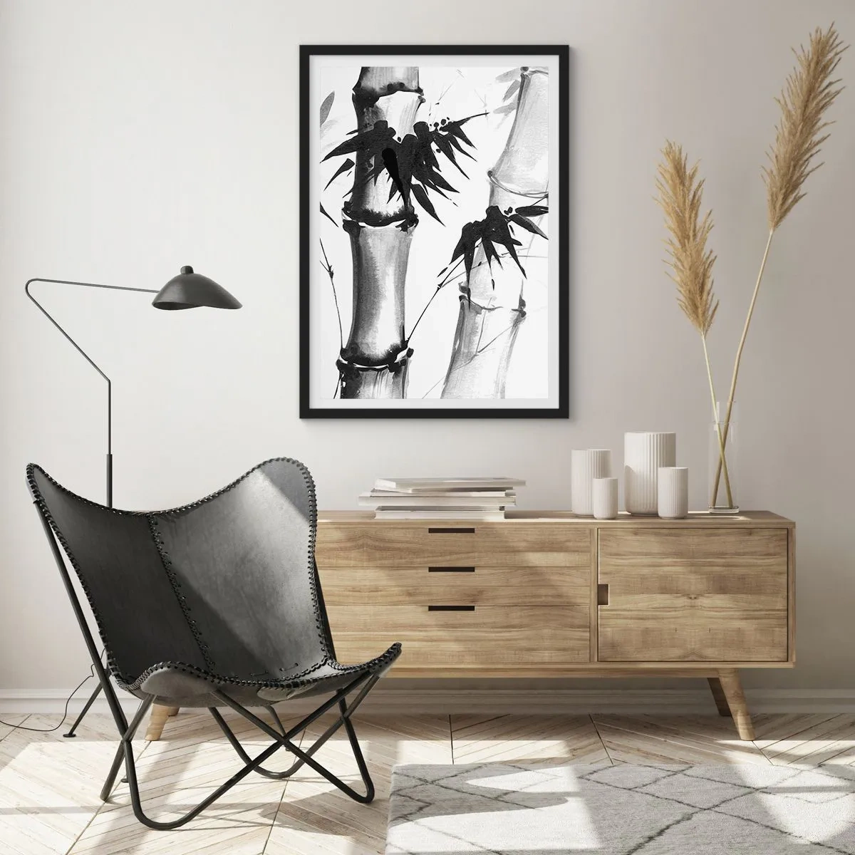 Pôster com moldura preta - Caules e folhas de bambu em estilo preto e branco - 50x70cm - Foco no Oriente - Decoração de parede moderna para a sala de estar e quarto ARTTOR