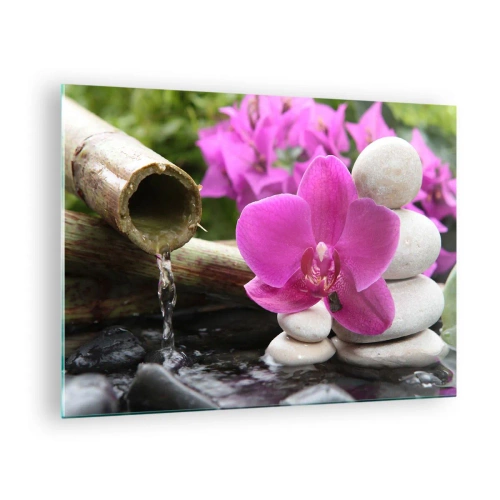 Quadro em vidro - Cachoeira de orquídea roxa, pedras e bambu - 70x50cm - Descanso imediato - Decoração de parede moderna para a sala de estar e quarto ARTTOR