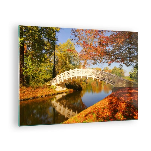 Quadro em vidro - Uma ponte de madeira sobre um rio cercada por cores de outono - 70x50cm - Na ponte branca dos suspiros - Decoração de parede moderna para a sala de estar e quarto ARTTOR