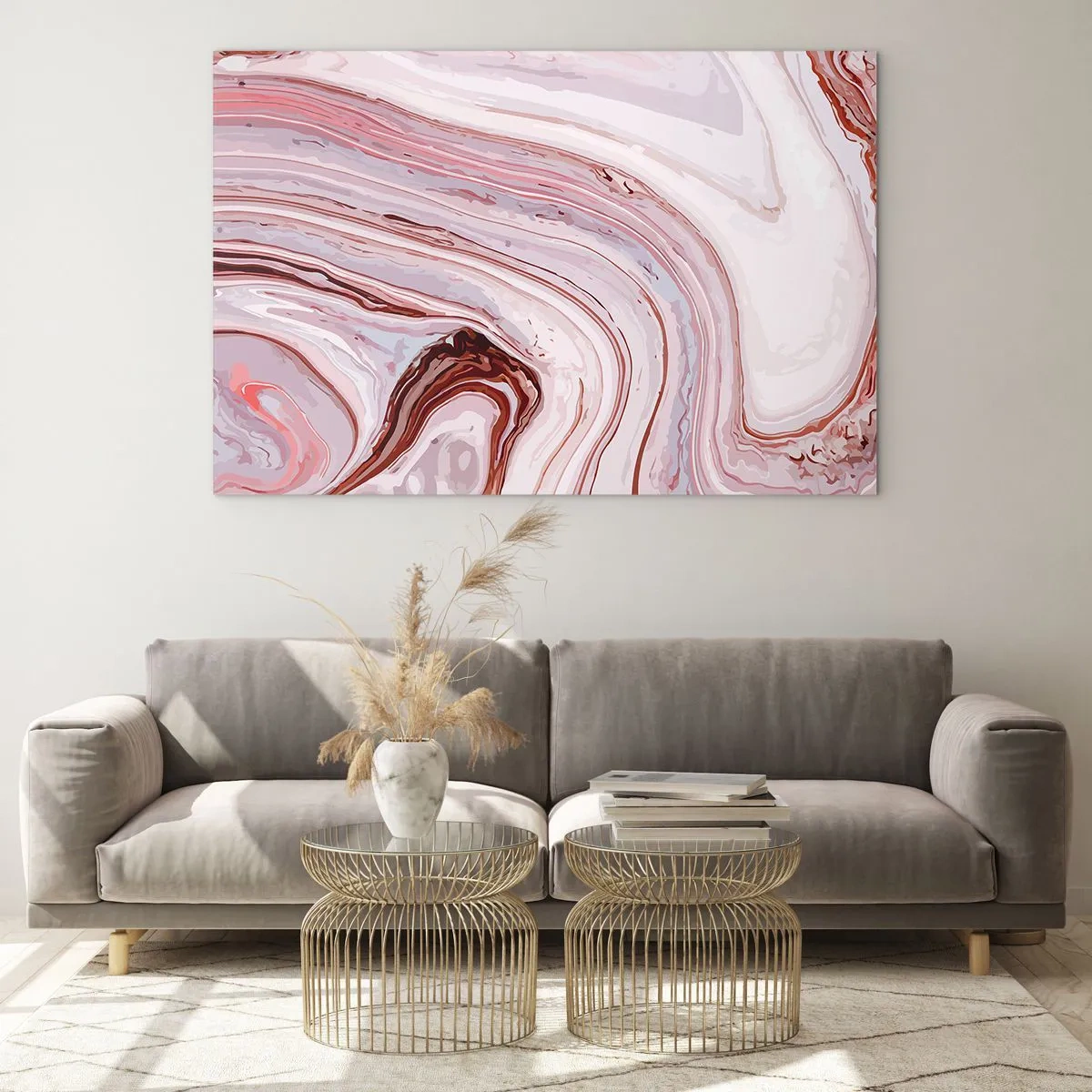 Quadro em vidro - Padrão de mármore em tons de rosa e marrom - 70x50cm - Em frente, depois à direita para baixo - Decoração de parede moderna para a sala de estar e quarto ARTTOR