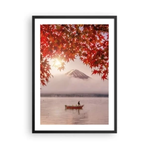 Pôster com moldura preta - Monte Fuji com um barco em um lago e folhas de outono - 50x70cm - No clima japonês - Decoração de parede moderna para a sala de estar e quarto ARTTOR