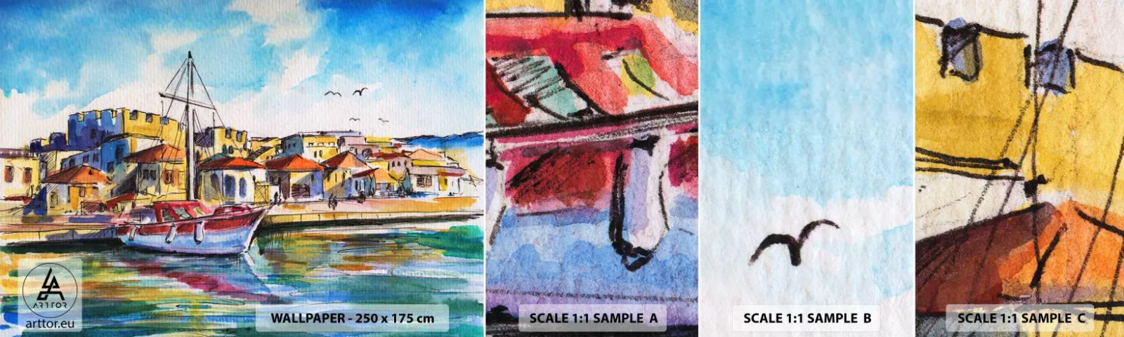 Amostra de papel de parede autocolante Deluxe Sticker - Tarde de arco-íris - Porto, Iate, Beira-mar - 100x30 cm