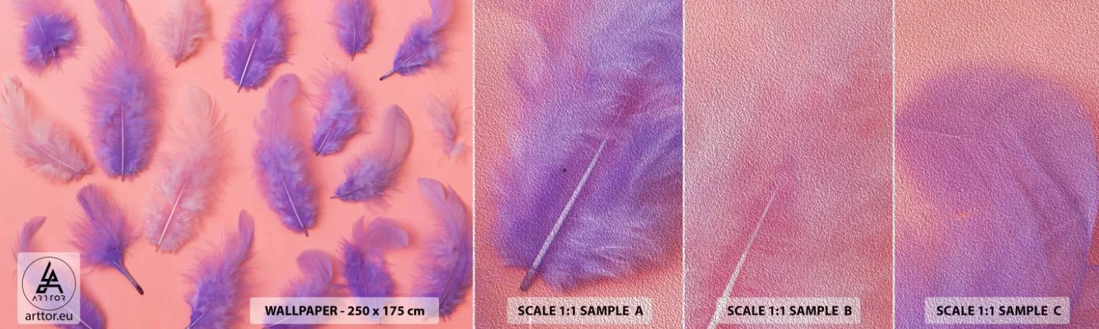 Amostra de papel de parede Premium Sand - Ave lilás do desejo - Pena de pássaro, Inspiração, Gráficos - 100x30 cm