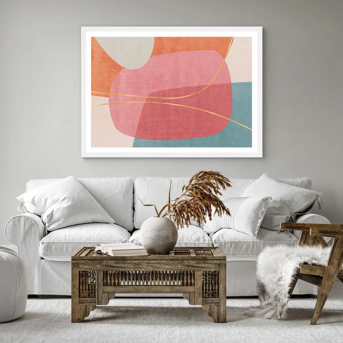 Pôster em moldura branca - Composição pastel com fio dourado - 100x70 cm