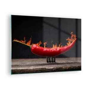 Quadro em vidro - Pimenta vermelha queimando em um fundo preto - 70x50cm - Aperitivo de fogo - Decoração de parede moderna para a sala de estar e quarto ARTTOR