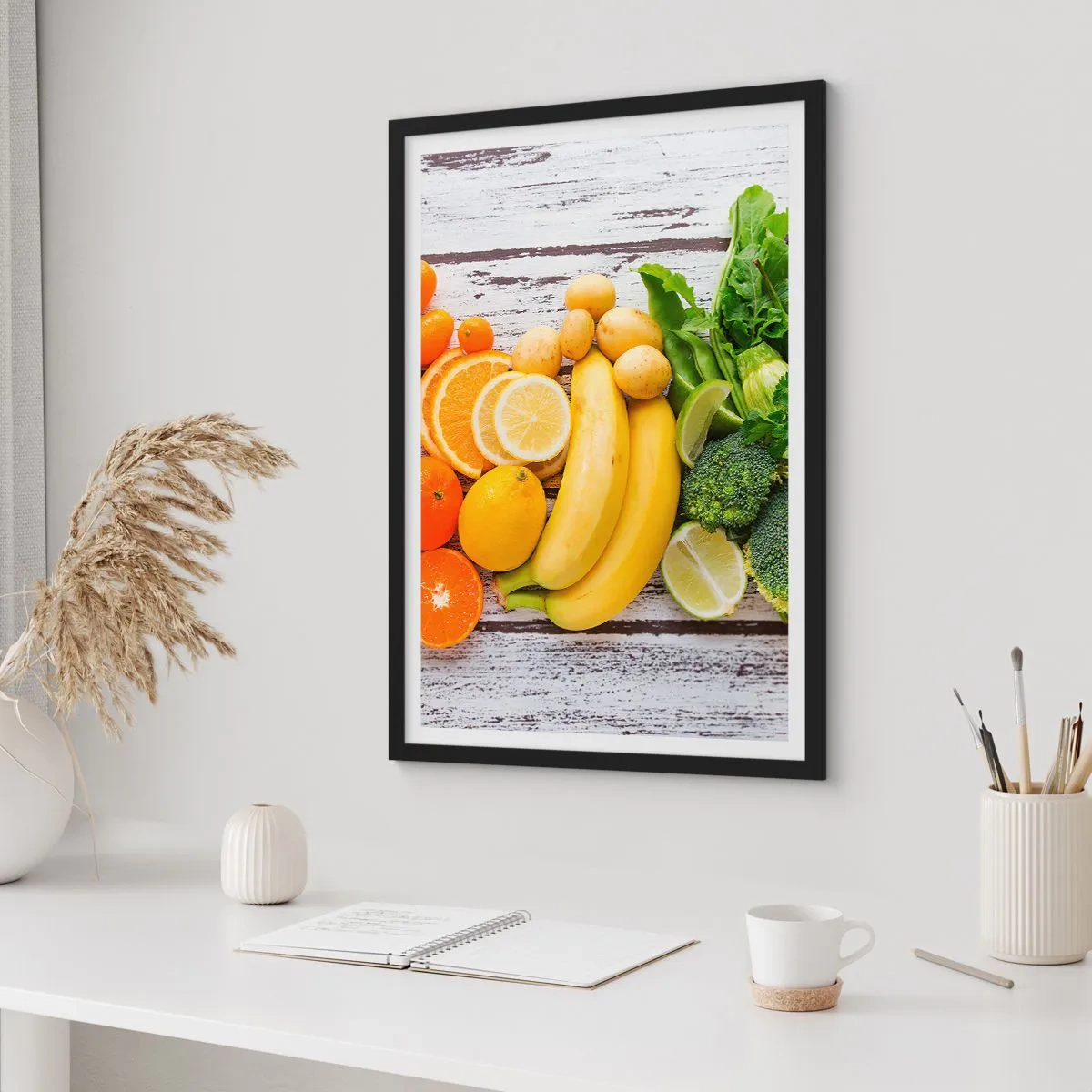 Pôster com moldura preta - Frutas e vegetais em um fundo rústico - 50x70cm - Não é suficiente? - Decoração de parede moderna para a sala de estar e quarto ARTTOR
