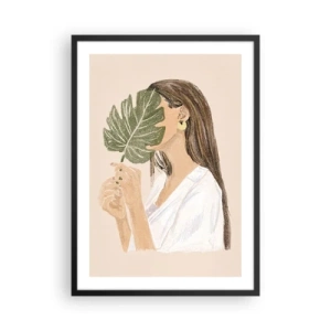 Pôster com moldura preta - Uma mulher cobrindo o rosto com uma folha de monstera. - 50x70cm - Retrato misterioso com uma adepta - Decoração de parede moderna para a sala de estar e quarto ARTTOR