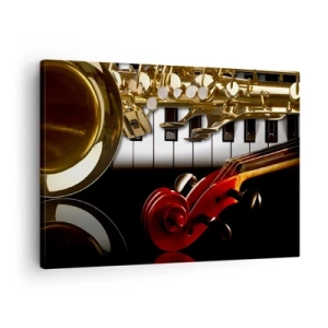 Quadro em tela - Um saxofone dourado, teclas de piano e um violino vermelho - 70x50cm - Metal, madeira e marfim - Decoração de parede moderna para a sala de estar e quarto ARTTOR