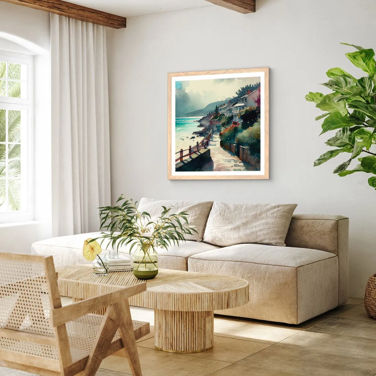 Pôster com moldura de carvalho claro - Cidade mediterrânea - 60x60 cm