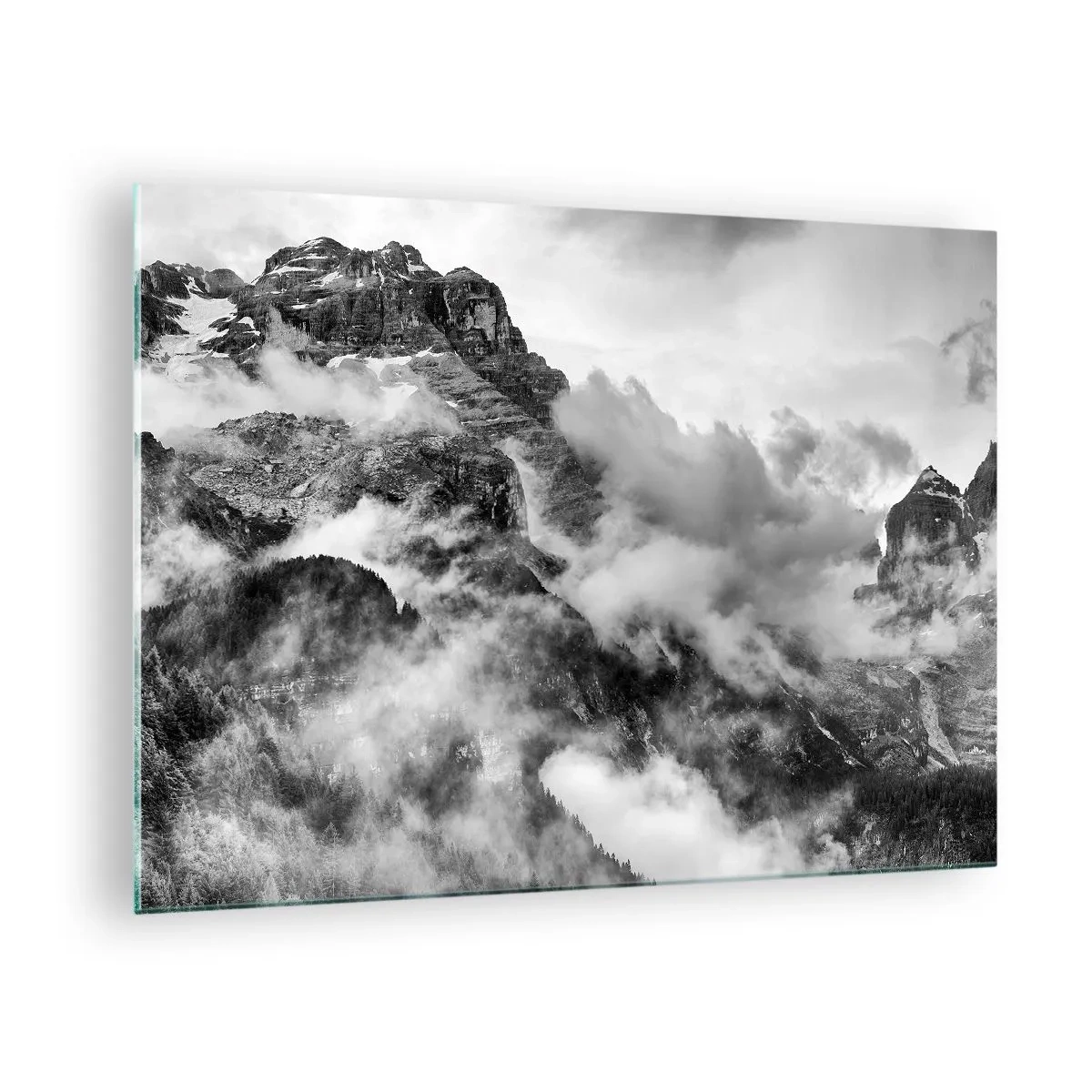 Quadro em vidro - Montanhas pretas e brancas com neblina nos vales - 70x50cm - Bonitas e cruéis - Decoração de parede moderna para a sala de estar e quarto ARTTOR