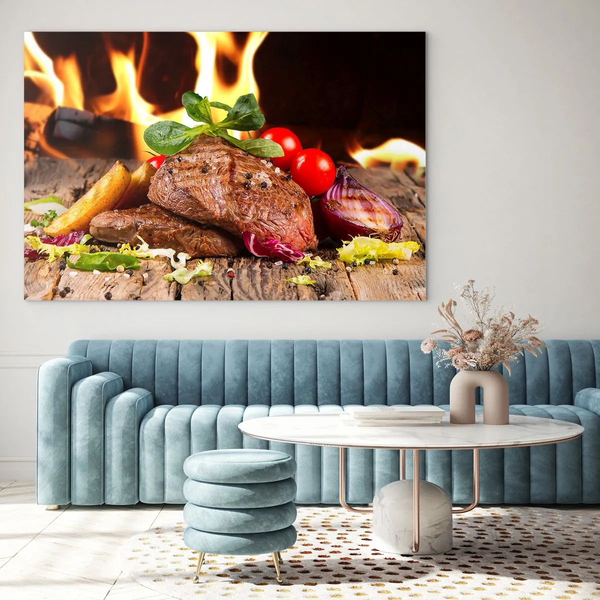 Quadro em vidro - Bife grelhado com legumes em frente às chamas - 70x50cm - Feito com brasas - Decoração de parede moderna para a sala de estar e quarto ARTTOR