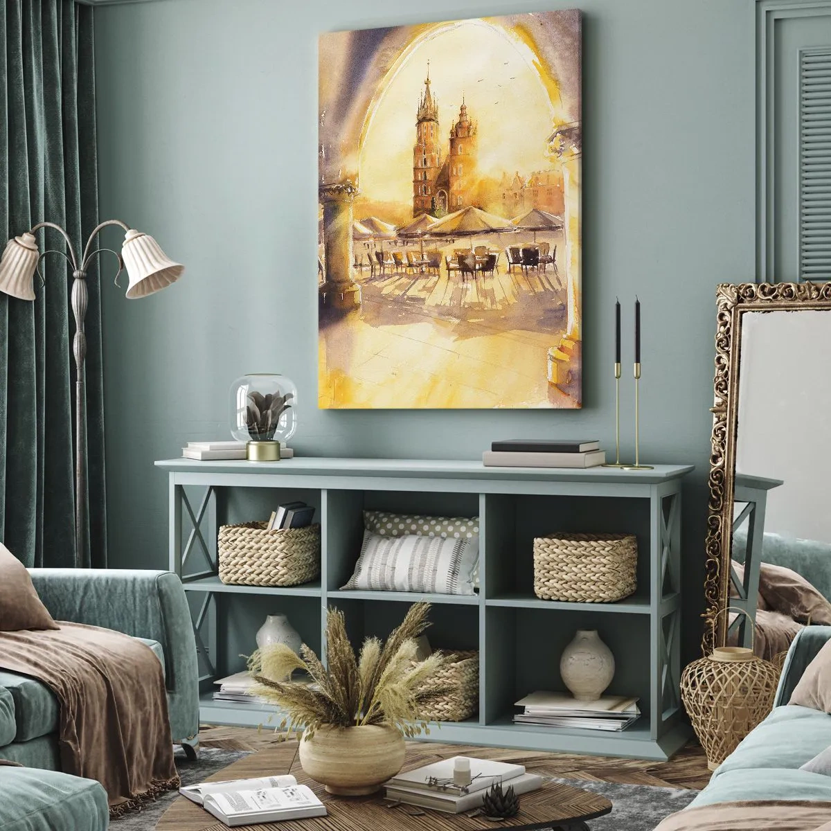 Quadro em tela - Pôr do sol na praça do mercado de Cracóvia - 45x80 cm