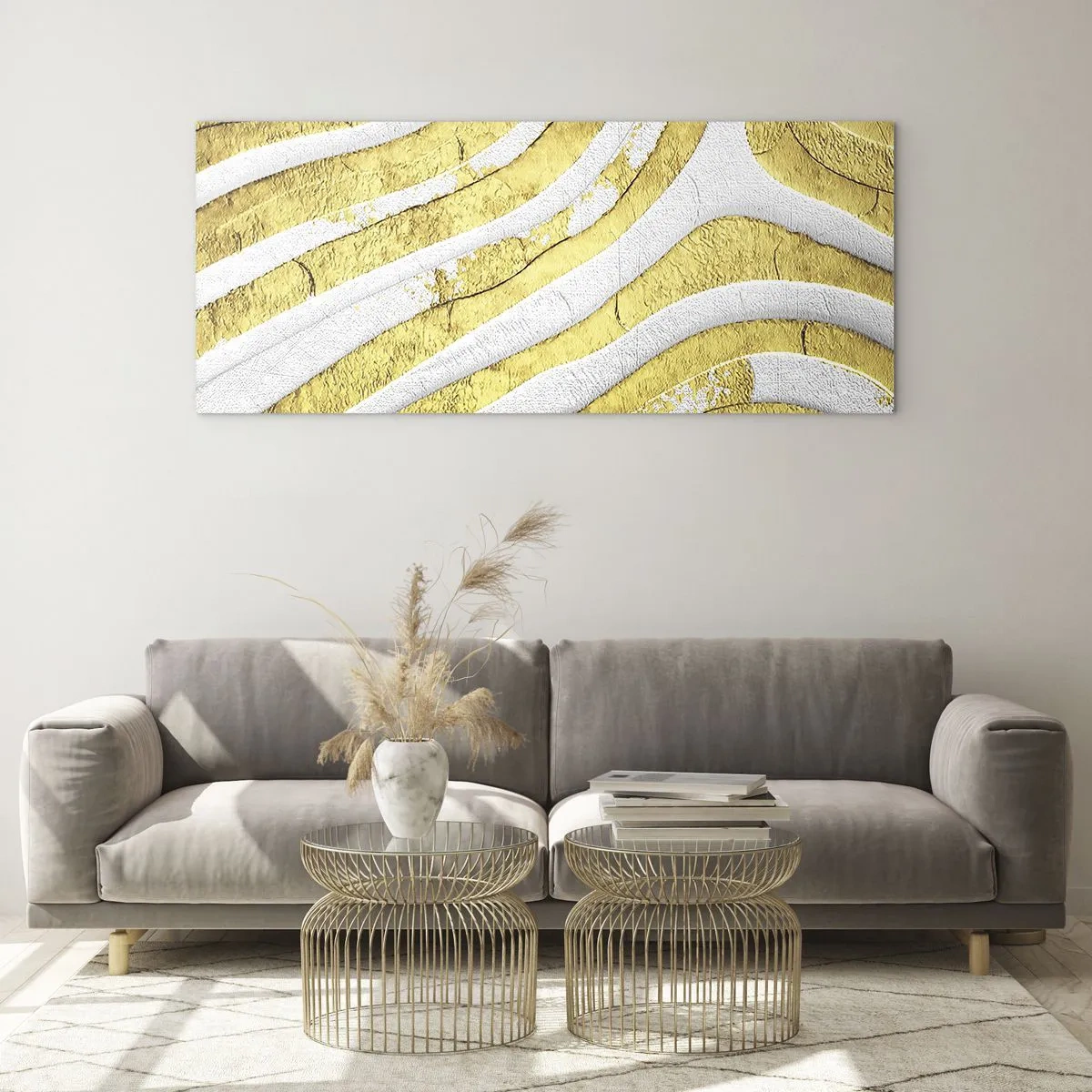 Quadro em vidro - Composição a branco e ouro - 120x50 cm
