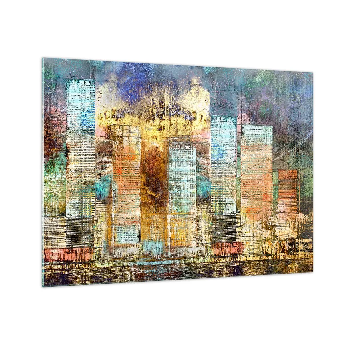 Quadro em vidro - Panorama abstrato colorido de arranha-céus da cidade em um estilo artístico - 70x50cm - Uma metrópole ensolarada - Decoração de parede moderna para a sala de estar e quarto ARTTOR