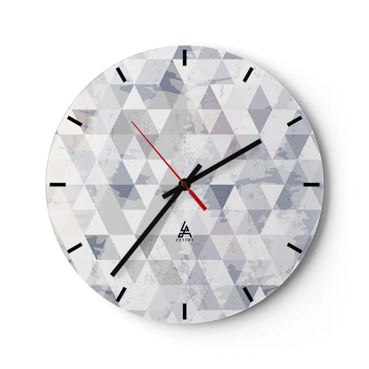 Relógio de parede - Relógio em vidro - Padrão geométrico com triângulos cinzas em estilo moderno - 30x30cm - Em ritmo para três - Decoração de parede moderna para a sala de estar, cozinha e quarto ARTTOR