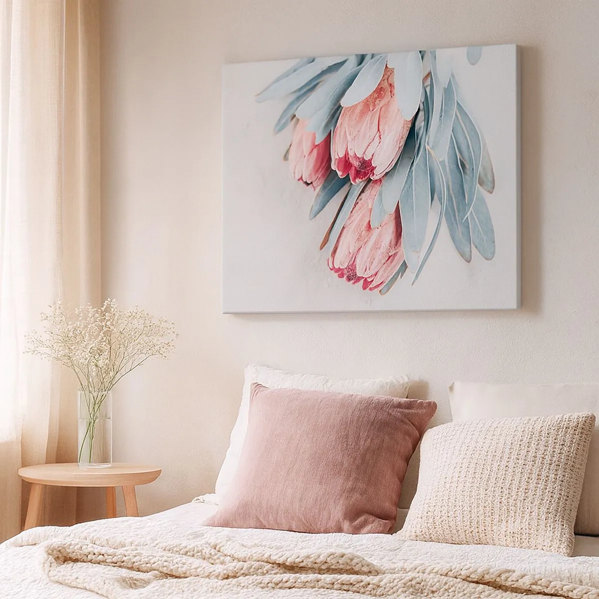 Quadro em tela - Flores de protea rosa suaves em um fundo claro - 70x50cm - Envergonhadas da sua própria beleza - Decoração de parede moderna para a sala de estar e quarto ARTTOR