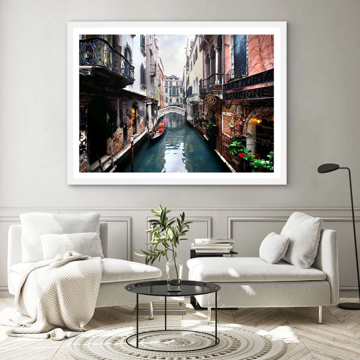 Pôster em moldura branca - Paisagem veneziana com gôndola e ponte - 70x50 cm