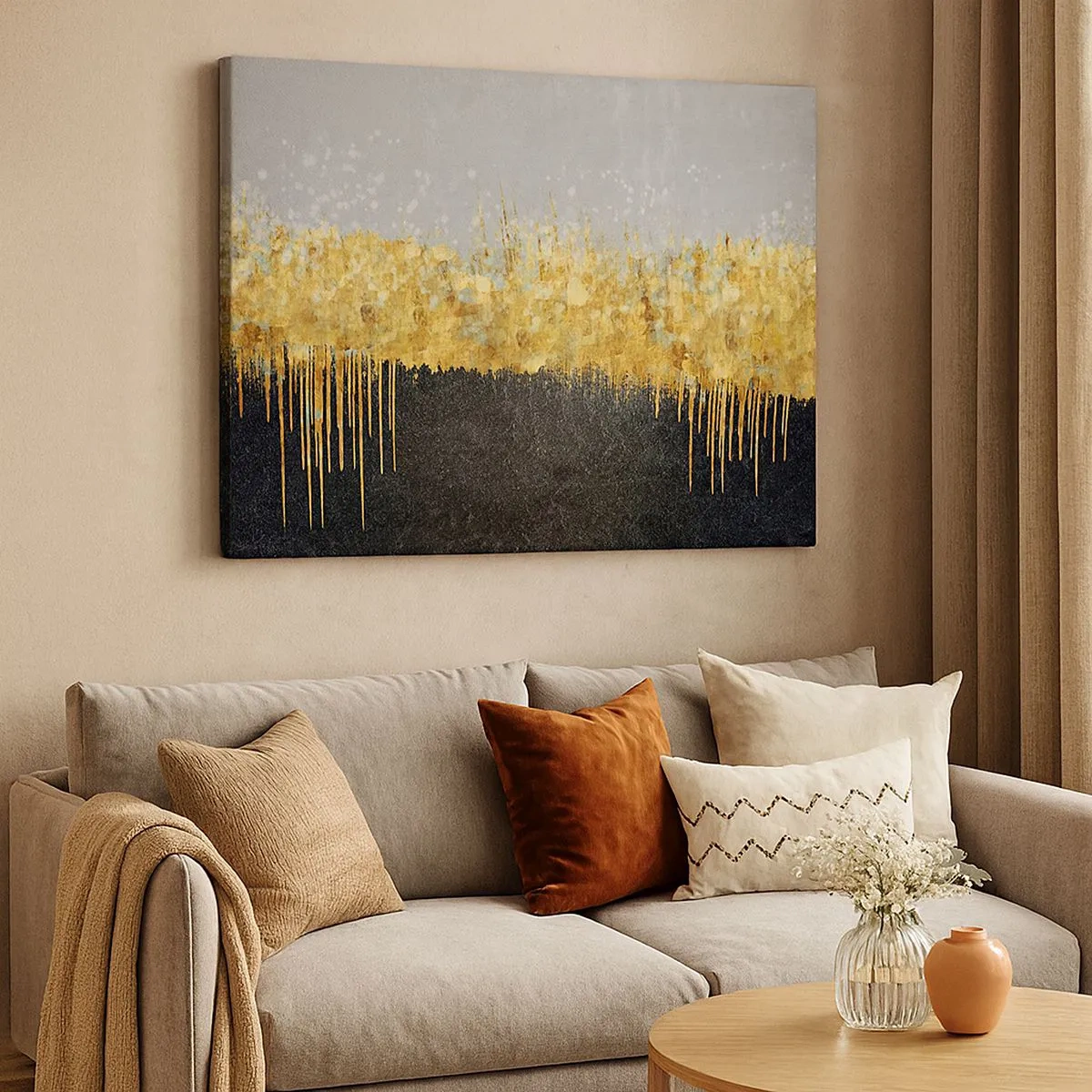 Quadro em tela - Composição abstrata em tons de dourado e preto - 70x50cm - Para dentro e para cima - Decoração de parede moderna para a sala de estar e quarto ARTTOR
