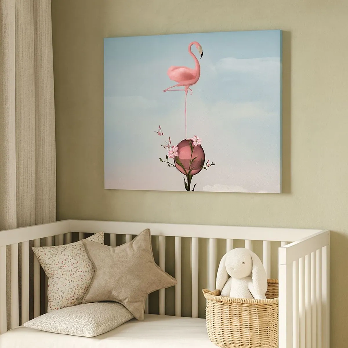 Quadro em tela - Um flamingo rosa equilibrado em uma bola de flores - 70x50cm - Alegoria do basquetebol - Decoração de parede moderna para a sala de estar e quarto ARTTOR