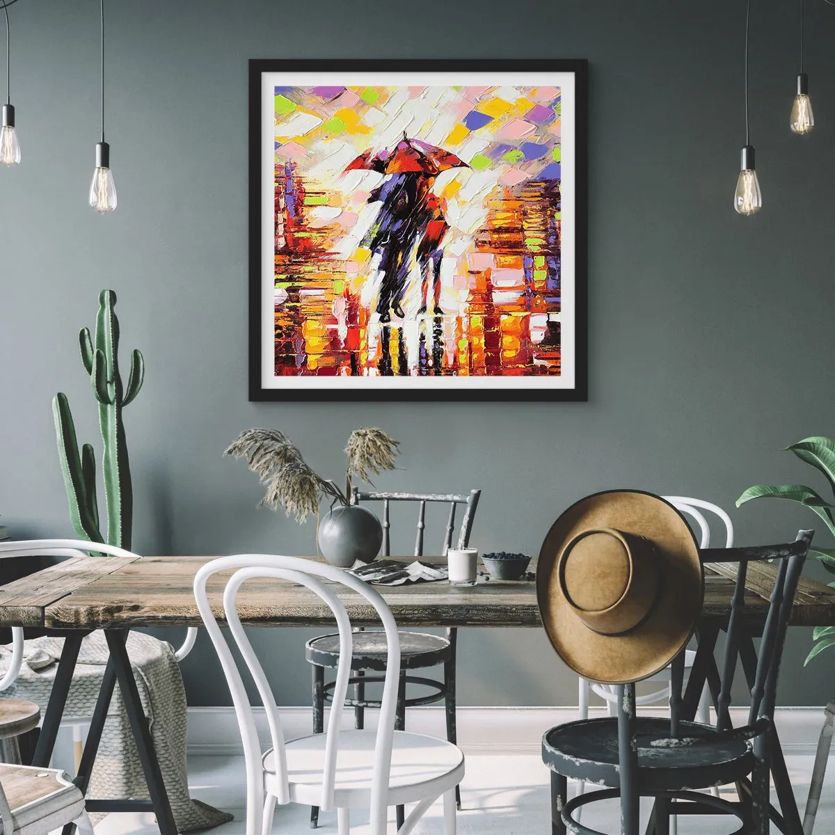 Pôster com moldura preta - Juntos durante a noite e a chuva - 50x50 cm