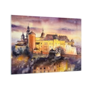 Quadro em vidro - Ilustração em aquarela de um castelo em uma colina ao pôr do sol - 70x50cm - História e conto de fadas - Decoração de parede moderna para a sala de estar e quarto ARTTOR