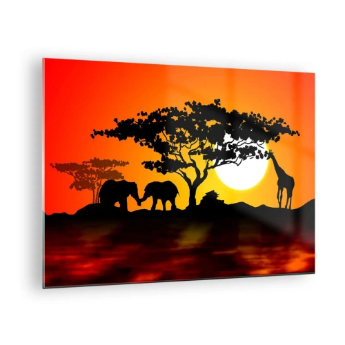 Quadro em vidro - Paisagem africana com árvores e animais ao pôr do sol - 70x50cm - Encontro na savana - Decoração de parede moderna para a sala de estar e quarto ARTTOR
