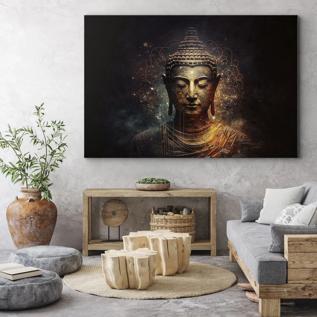 Quadro em tela - Buda dourado em um fundo escuro com ornamentos - 70x50cm - Equilíbrio espiritual - Decoração de parede moderna para a sala de estar e quarto ARTTOR