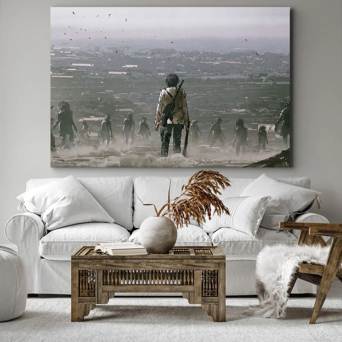Quadro em tela - Uma figura com uma arma está em frente a um grupo em uma paisagem distópica. - 70x50cm - O último justo? - Decoração de parede moderna para a sala de estar e quarto ARTTOR
