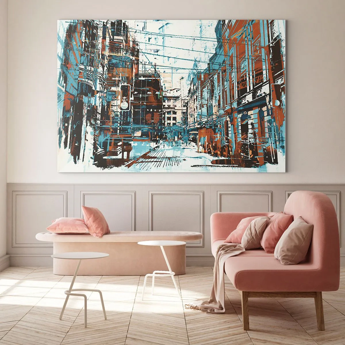Quadro em vidro - Uma rua pitoresca da cidade em um estilo artístico e desgastado - 70x50cm - Um desgastado percurso urbano - Decoração de parede moderna para a sala de estar e quarto ARTTOR