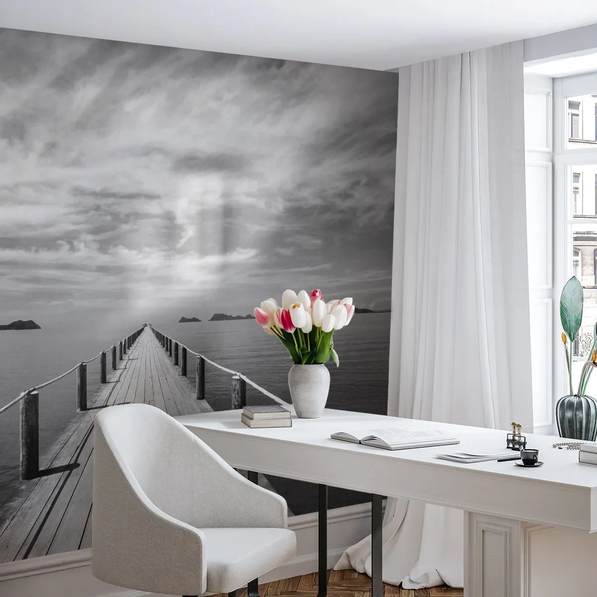 Papel de Parede Standard Eco - Um píer de madeira que se estende ao longe sobre um mar calmo - 100x70cm - Talvez uma viagem... - Decoração de parede moderna para a sala de estar e quarto ARTTOR