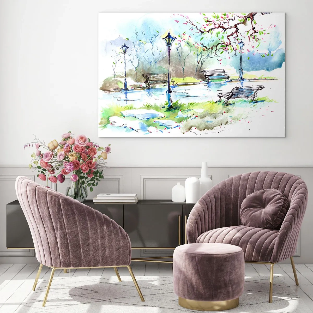 Quadro em vidro - Pintura em aquarela de uma cena de parque com bancos e lanternas - 70x50cm - O encanto do silêncio do parque - Decoração de parede moderna para a sala de estar e quarto ARTTOR