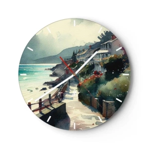 Relógio de parede - Relógio em vidro - Um caminho costeiro que atravessa edifícios mediterrânicos com vista para o mar - 30x30cm - Cidade mediterrânea - Decoração de parede moderna para a sala de estar, cozinha e quarto ARTTOR