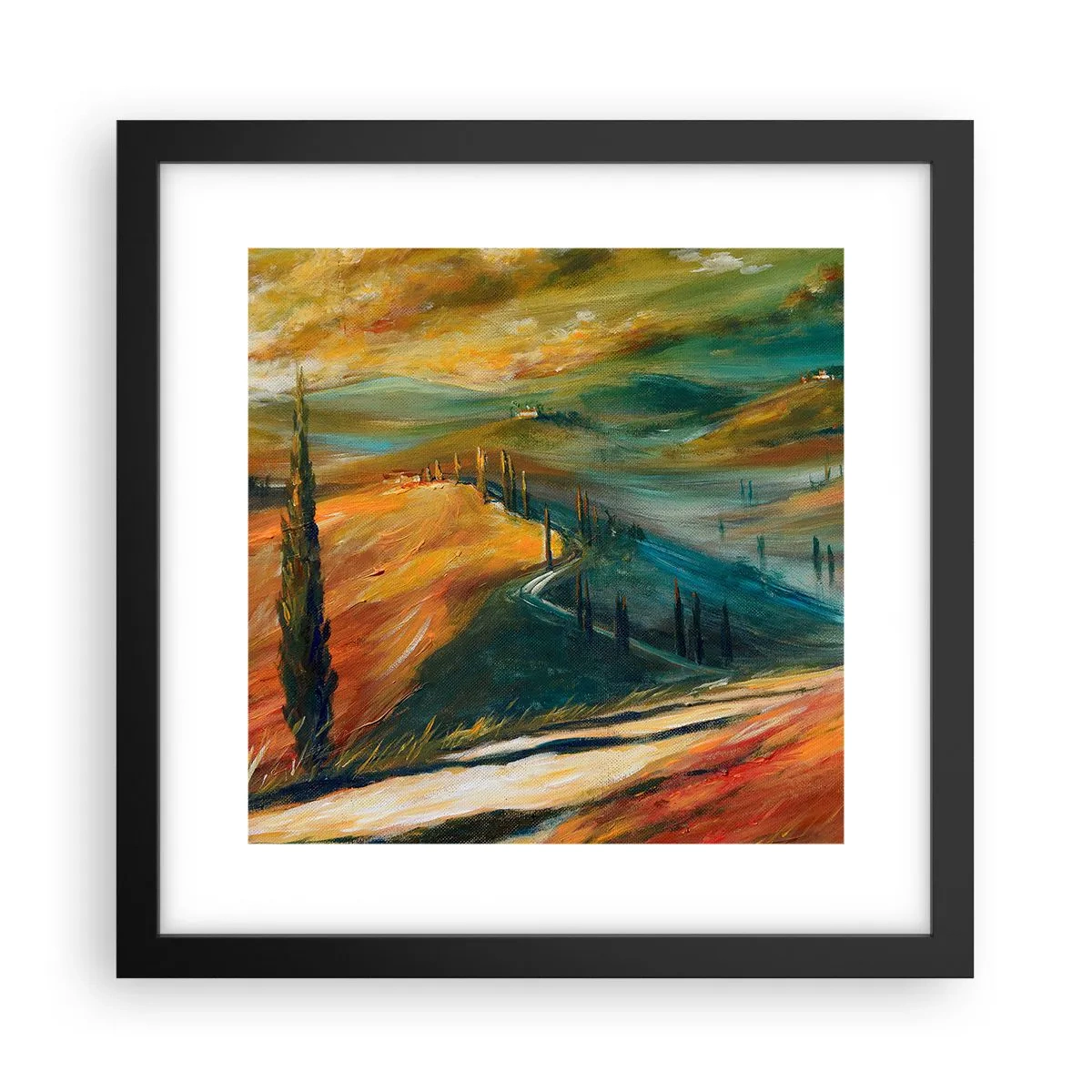Pôster com moldura preta - Paisagem da Toscana - 30x30 cm