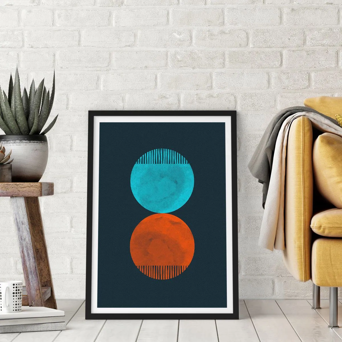 Pôster com moldura preta - Dois círculos – azul e laranja em um fundo azul marinho - 50x70cm - Apenas geometria? - Decoração de parede moderna para a sala de estar e quarto ARTTOR