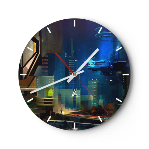 Relógio de parede - Relógio em vidro - Cidade futurista à noite com luzes de neon e veículos - 30x30cm - Num futuro próximo - Decoração de parede moderna para a sala de estar, cozinha e quarto ARTTOR