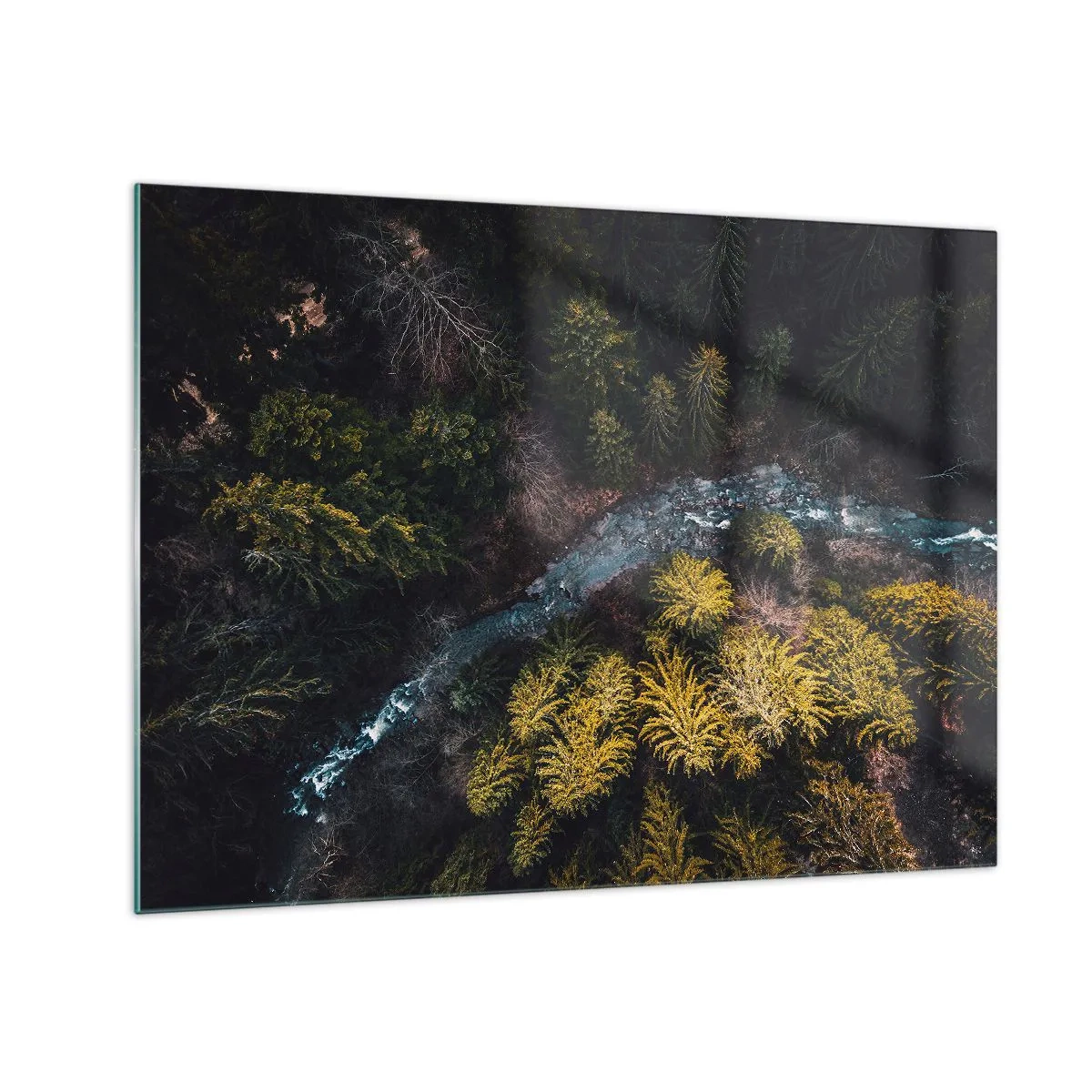 Quadro em vidro - Uma vista aérea de uma paisagem florestal com um riacho sinuoso - 70x50cm - Rápido e cada vez mais rápido - Decoração de parede moderna para a sala de estar e quarto ARTTOR