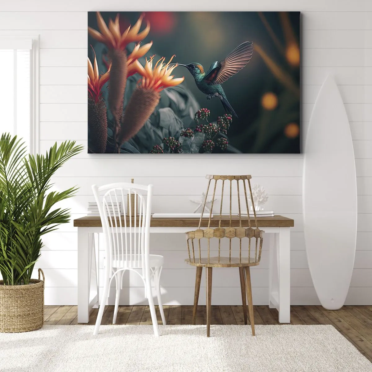 Quadro em tela - Um beija-flor colorido perto das flores em um fundo natural - 70x50cm - Uma vida verdadeiramente colorida - Decoração de parede moderna para a sala de estar e quarto ARTTOR